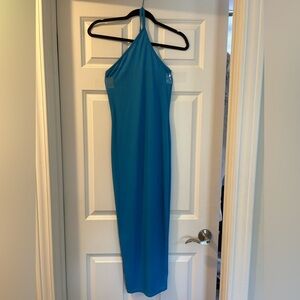 PrettyLittleThing Blue Rib Asymmetric Strap Midaxi Bodycon dress